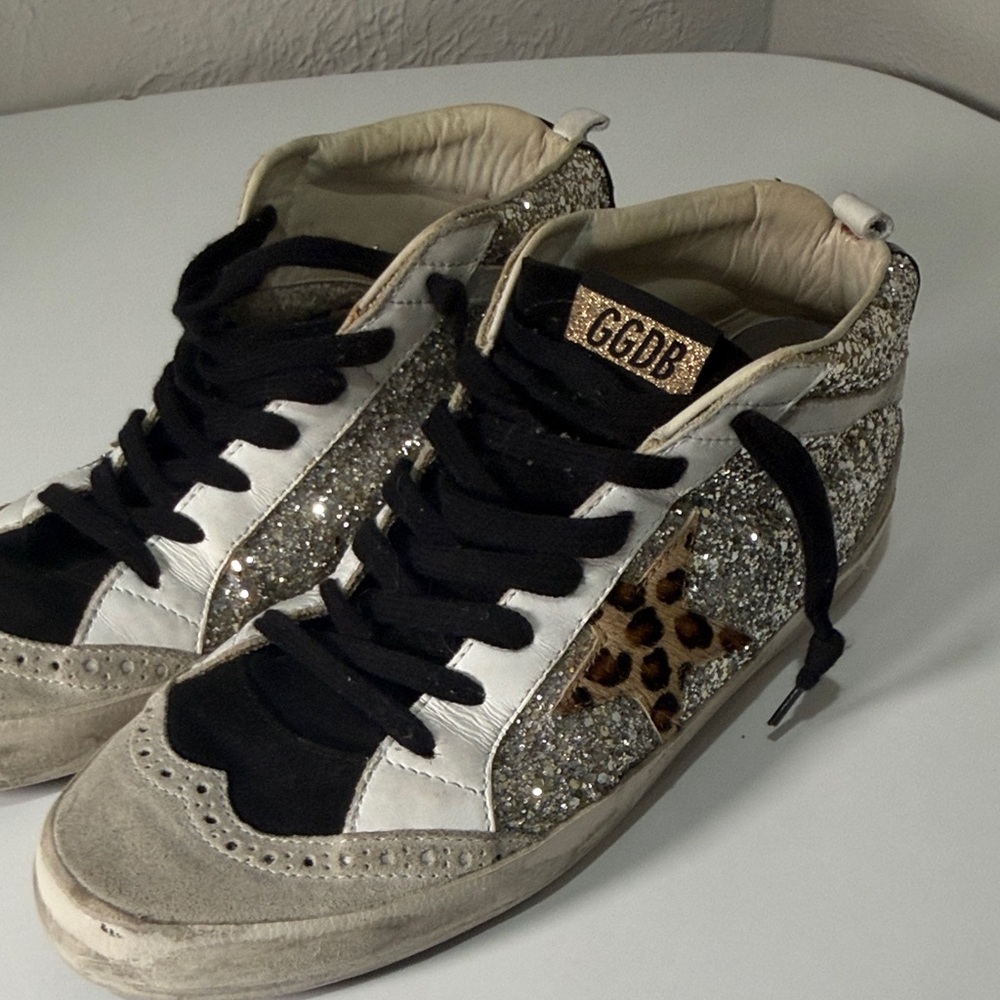 Golden Goose Mid Star Glitter and Leopard Print Sneakers – Distressed Style